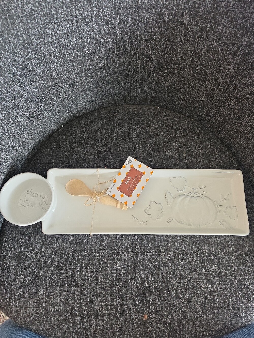 NWT Fall Platter & Spoon Ceramic Serving Dish Pumpkin Design Cream Hobby Lobby